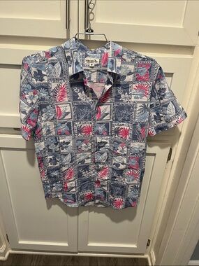 Endless Summer Blue and Pink Tropical Print Short-Sleeve Shirt